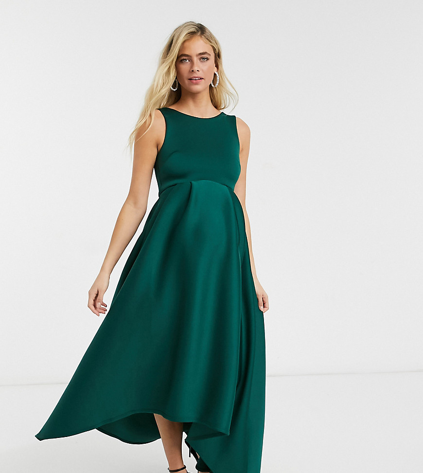 True Violet Maternity midaxi prom dress with high low hem in forest green