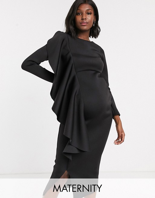 True Violet Maternity midi dress with frill detail in black