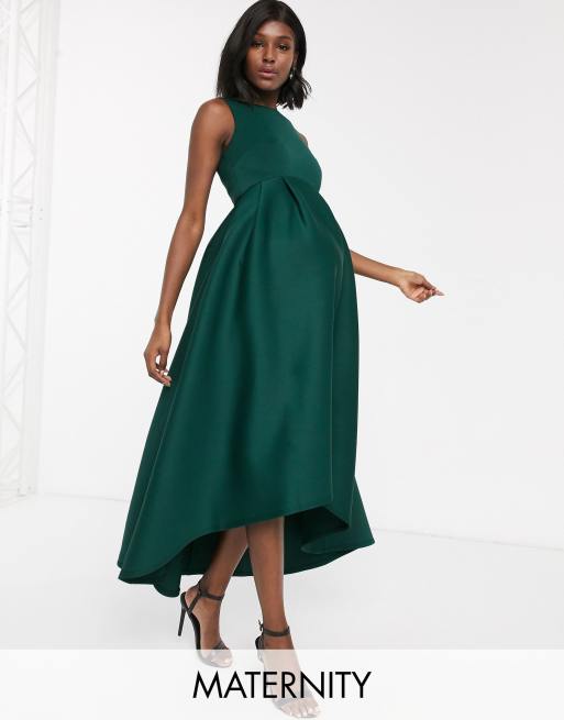 True Violet Maternity midi prom dress with hi low hem in emerald