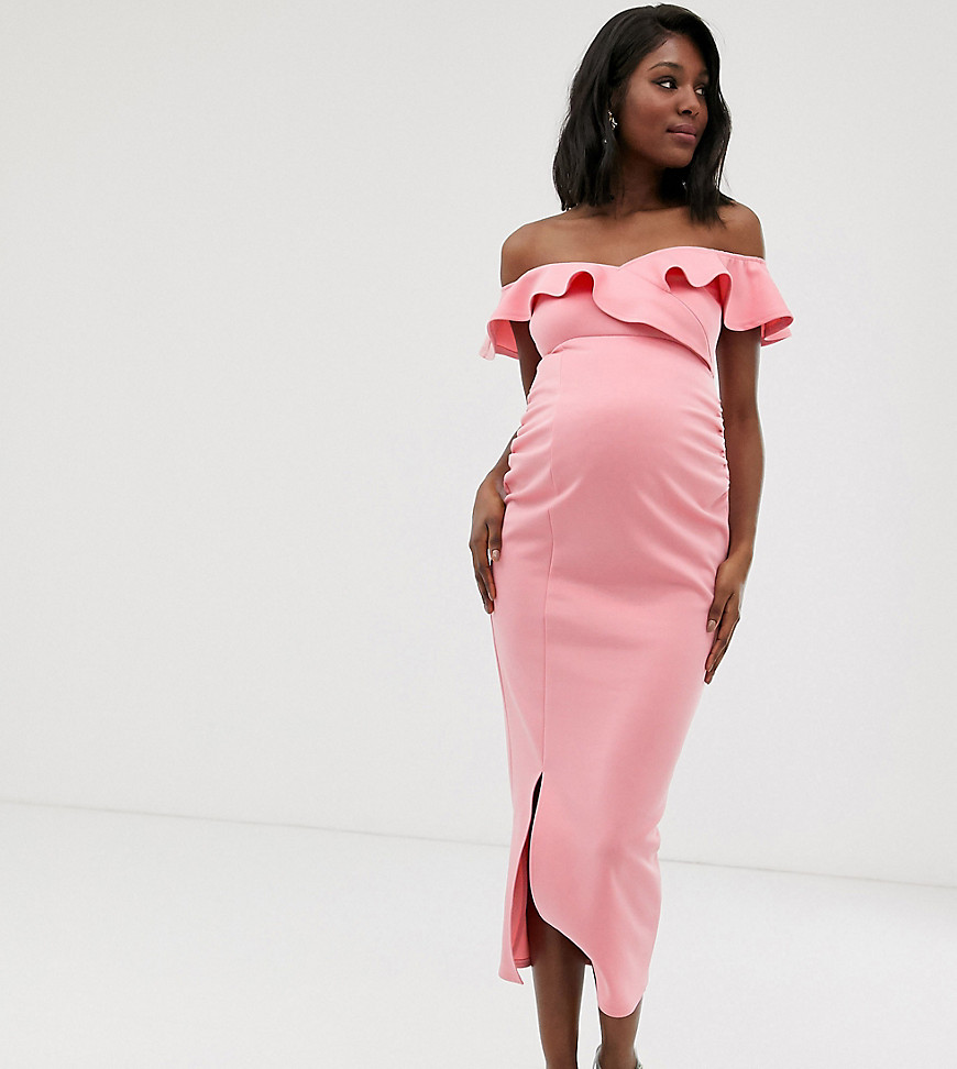 True Violet Maternity off shoulder bodycon dress with drape frill-Pink