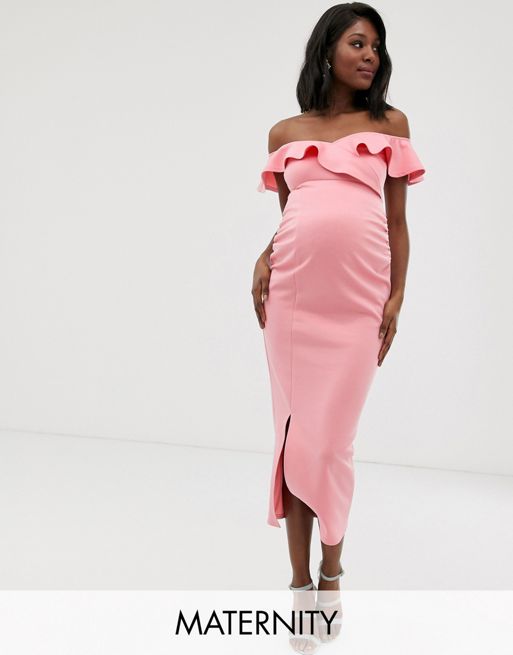 Maternity Ruffle Off The Shoulder Midi Dress