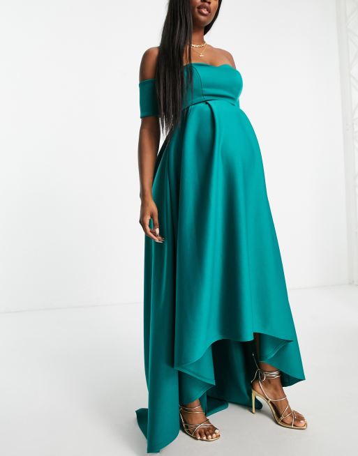 True Violet Maternity off shoulder high low dress in emerald green