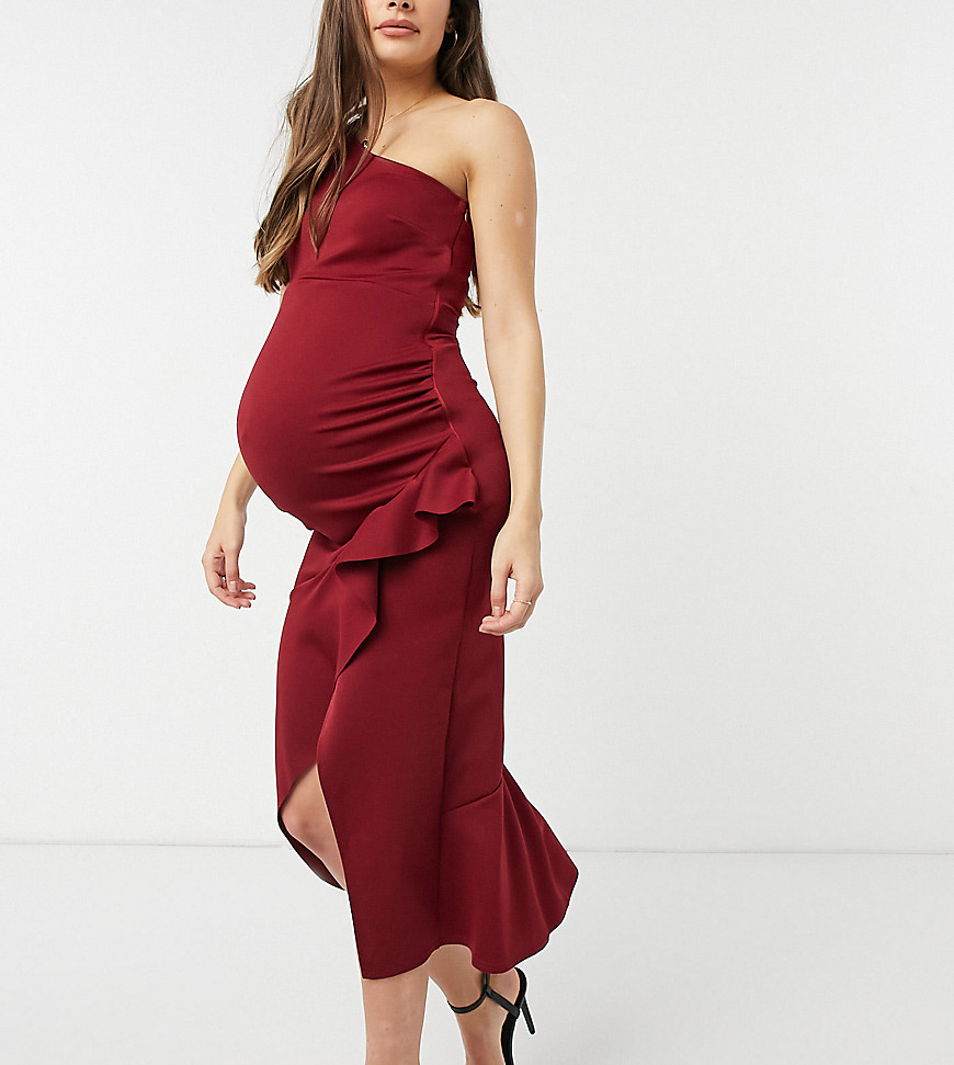 True Violet Maternity one shoulder body-conscious dress with ruffle in wine-Red