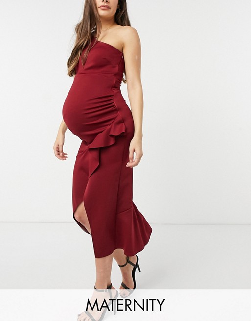 True Violet Maternity one shoulder bodycon dress with frill in wine