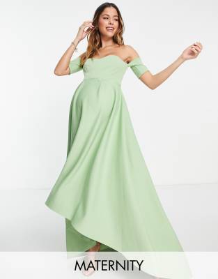 True Violet Maternity off shoulder high low dress in sage green - ASOS Price Checker