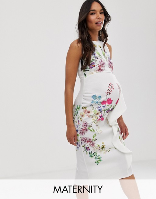 True Violet Maternity scuba bodycon dress in placement floral