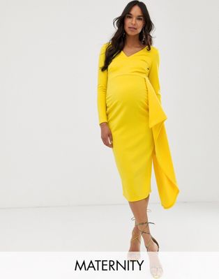 True Violet Maternity scuba midi dress with asymmetric frill in yellow