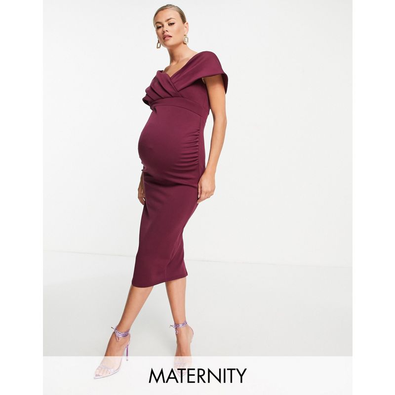 Donna Vestiti True Violet Maternity - Vestito a fascia midi color prugna con spalle avvolgenti