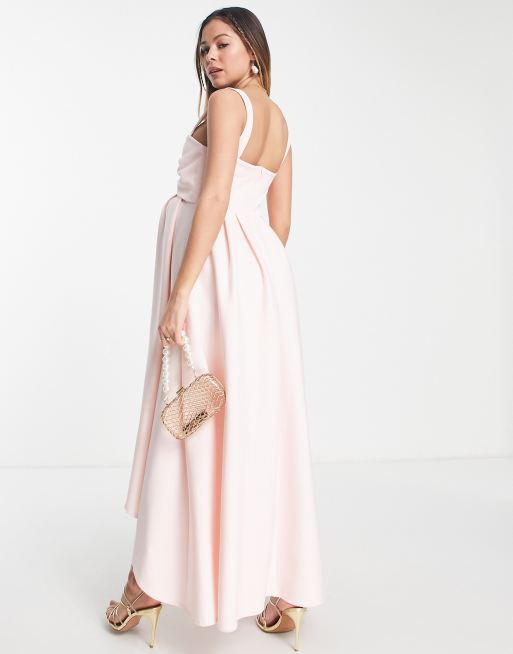 True Violet Maternity - Vestito midi con fiocco sul davanti e fondo asimmetrico rosa cipria, 4 di 4