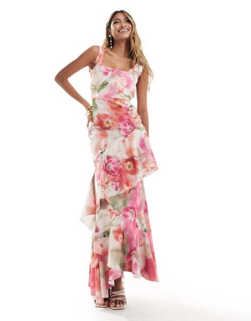 True Violet - Midaxi-jurk met vierkante hals, ruches en wazige bloemenprint in roze