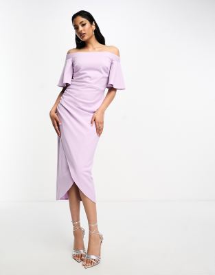 True Violet - Midi-Bleistiftkleid in Lavendel mit Carmen-Ausschnitt und Wickelrock-Lila