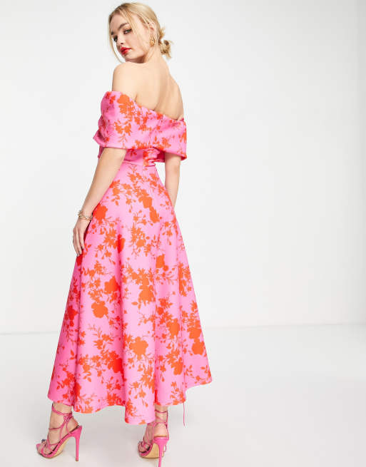 True Violet - Midi-galajurk met blote schouders in roze en rode bloemenprint, 2 van 4