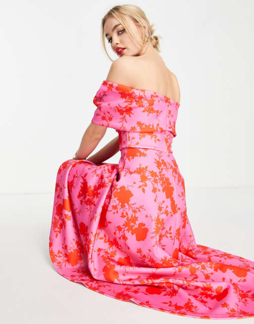 True Violet - Midi-galajurk met blote schouders in roze en rode bloemenprint, 4 van 4
