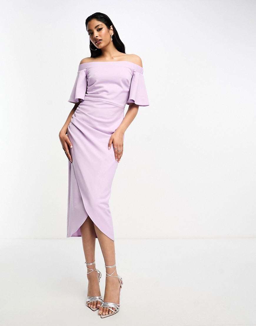 True Violet Midi Pencil Bardot Dress With Sleeve And Wrap Skirt In Lavender-purple