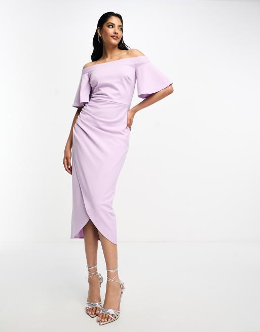 True Violet midi pencil bardot dress with sleeve and wrap