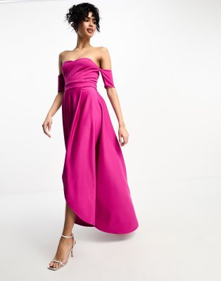 off shoulder high low dress in fuchsia-Pink