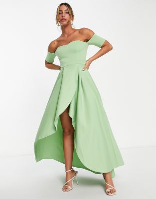 True Violet off shoulder high low dress in sage green