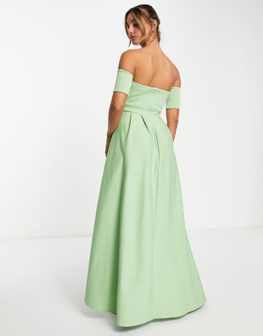 True Violet off shoulder high low dress in sage green