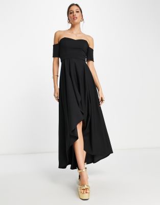 True Violet off shoulder high low prom dress in black