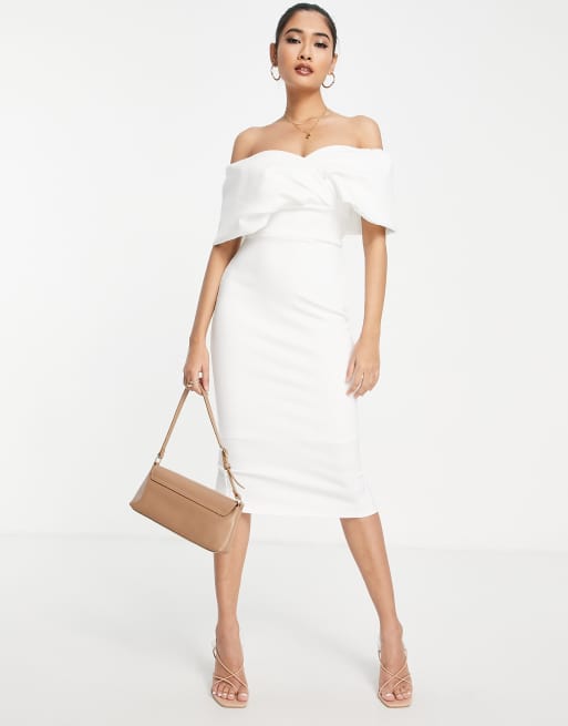 True Violet off shoulder pencil midi dress in ivory | ASOS