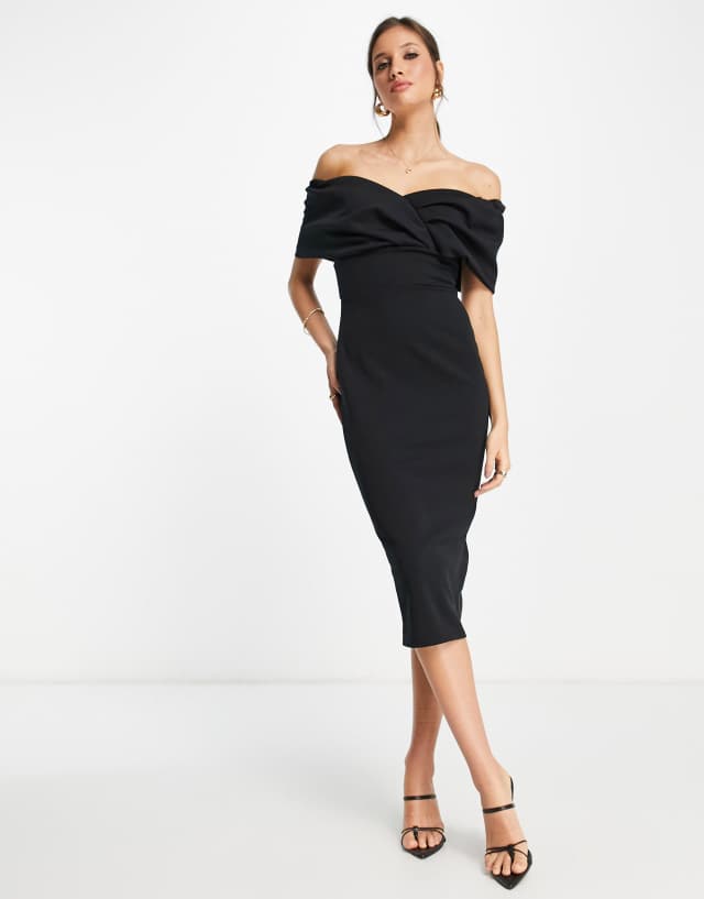 True Violet off-the--shoulder pencil midi dress in black