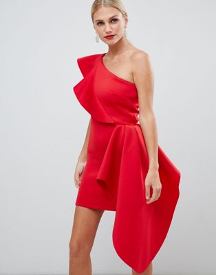 red one shoulder frill dress