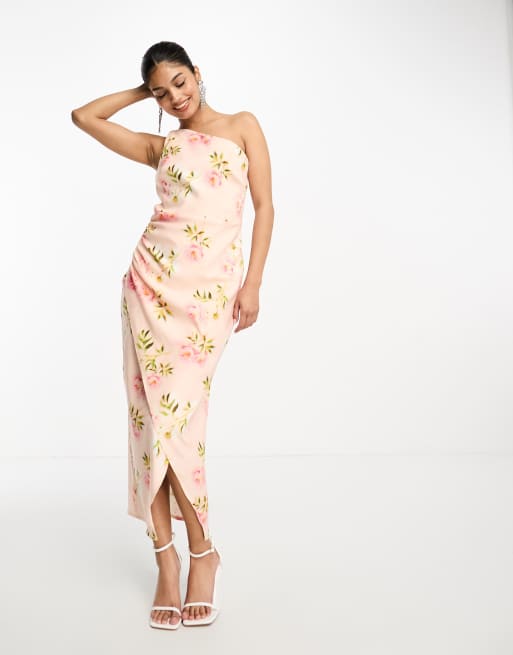 True Violet one shoulder midi pencil dress in pink floral | ASOS