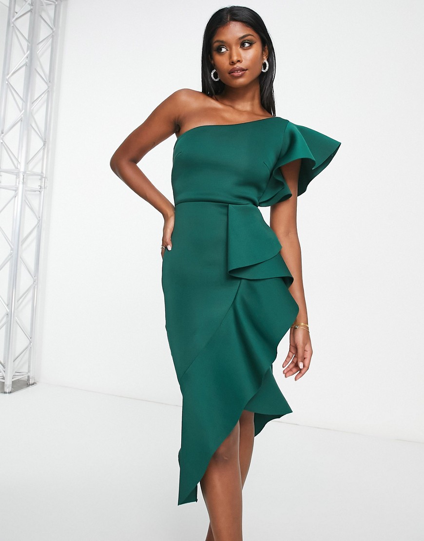 True Violet one shoulder ruffle midi dress in emerald-Green