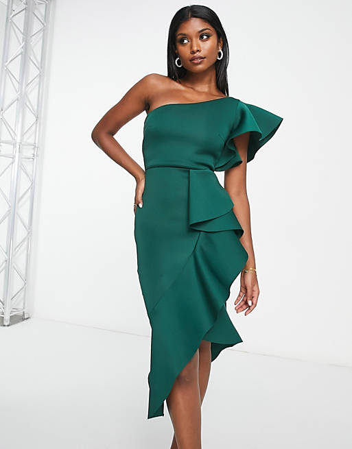 True Violet shoulder ruffle midi dress emerald | ASOS