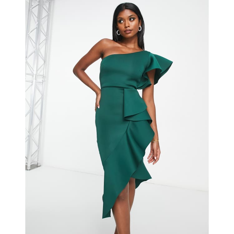 true violet one shoulder dress True Violet one shoulder ruffle midi dress in emerald
