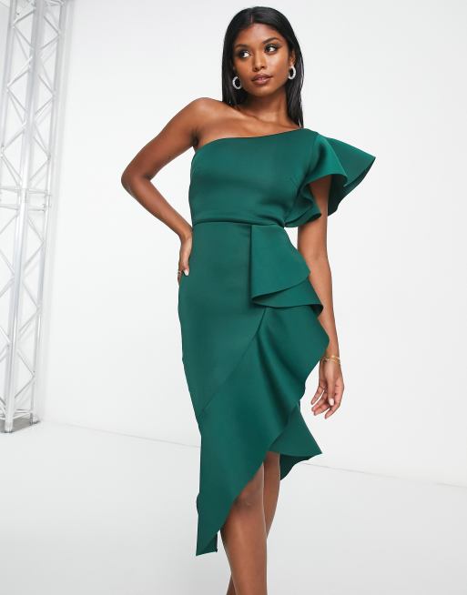 One Shoulder Layered Ruffle Asymmetric Neckline Column Dress