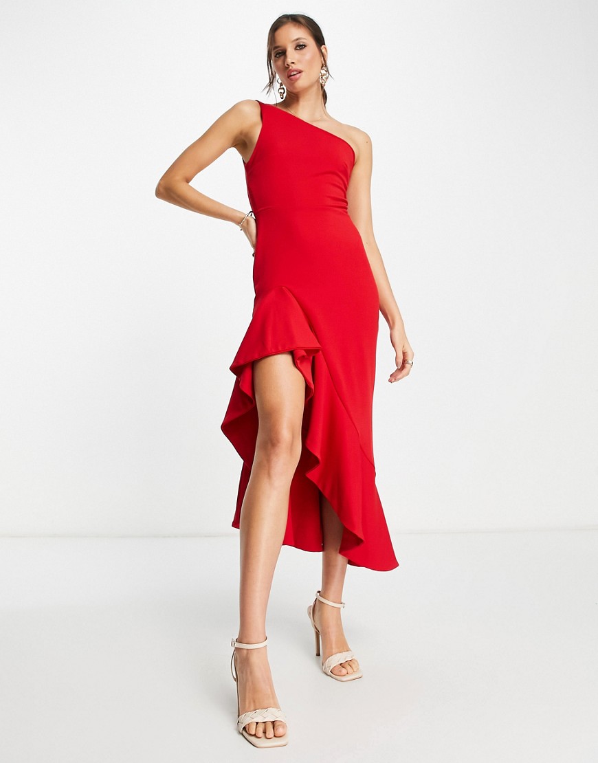 one shoulder ruffle midi dress in red