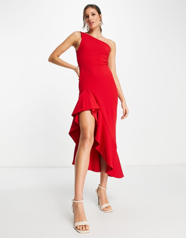 True Violet one shoulder ruffle midi dress in red