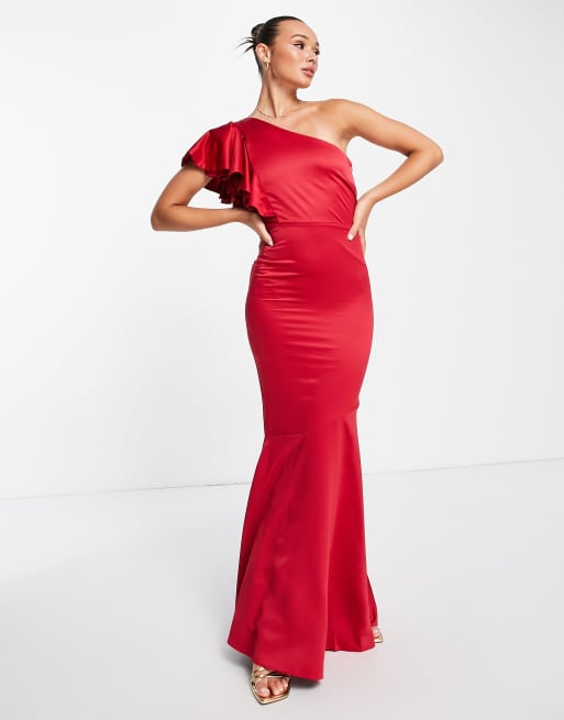 True Violet one shoulder satin maxi dress in red