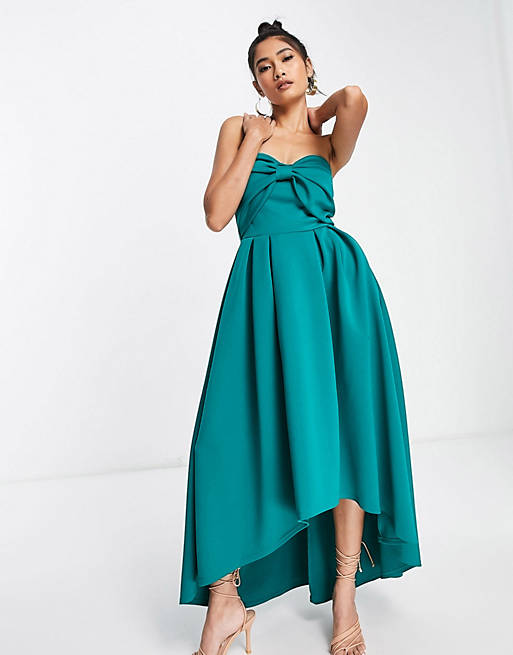 True Violet oversized bow high low midi dress in emerald green