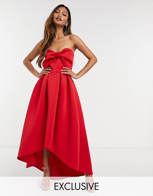 True Violet oversized bow high low midi dress in red