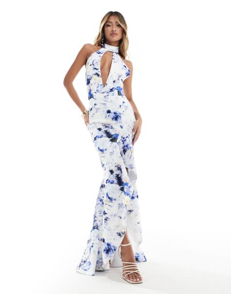True Violet plunge halter high low dress in floral - view 1