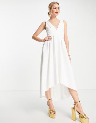 True Violet plunge high low midi dress in ivory