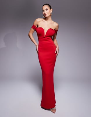 plunge neck off shoulder maxi gown in red