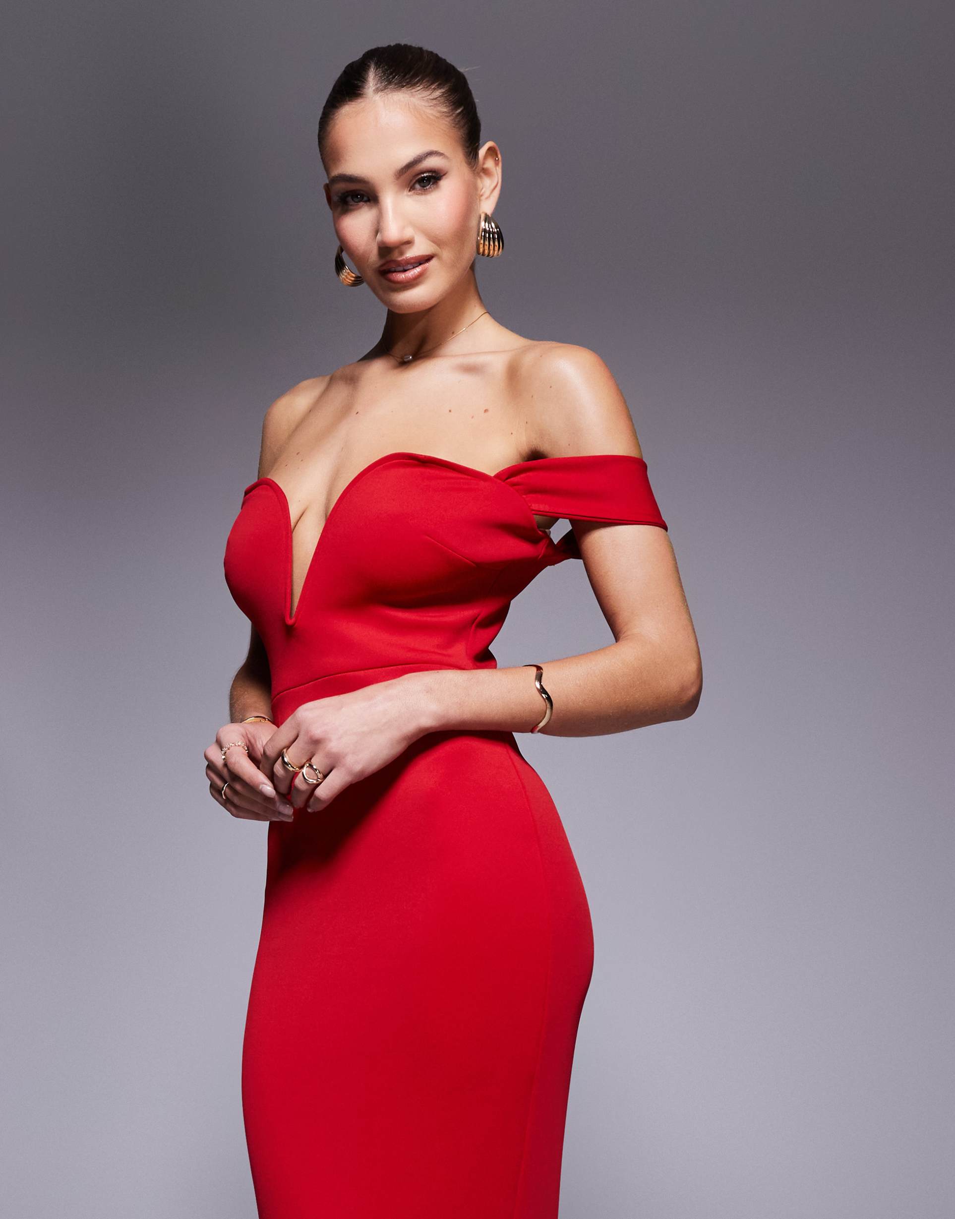 true violet plunge neck off shoulder maxi gown in red