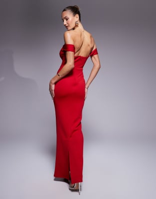 true violet plunge neck off shoulder maxi gown in red