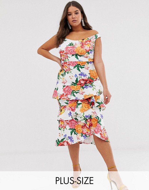 True Violet Plus bardot midi dress with frill skirt in floral