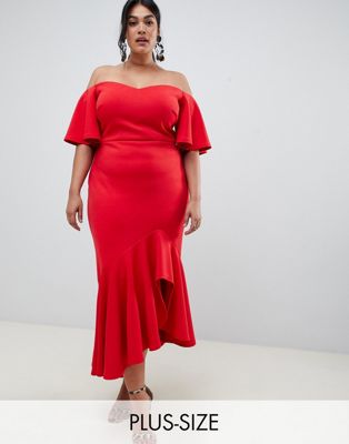 True Violet - Plus - Bardot midi-jurk in rood met overdreven ruches