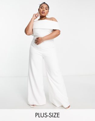 True Violet Plus Bridal bardot wide leg jumpsuit in ivory - ASOS Price Checker