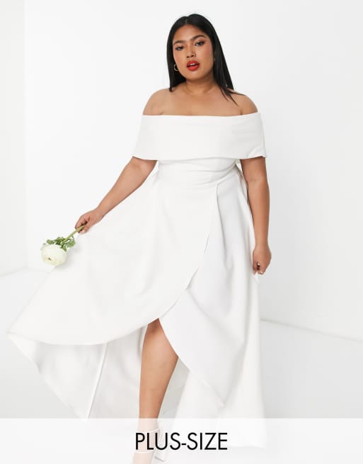 True Violet Plus Bridal off-shoulder high low maxi dress in ivory | ASOS