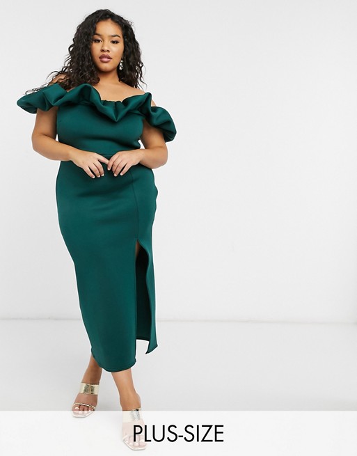 True Violet Plus exclusive scrunchie bardot midi dress with thigh split in emerald green