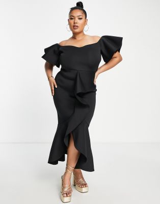 True Violet Plus frill front pencil midi dress in black - ASOS Price Checker