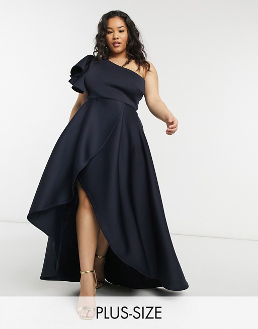 True Violet Plus frill one shoulder high low prom maxi dress in navy