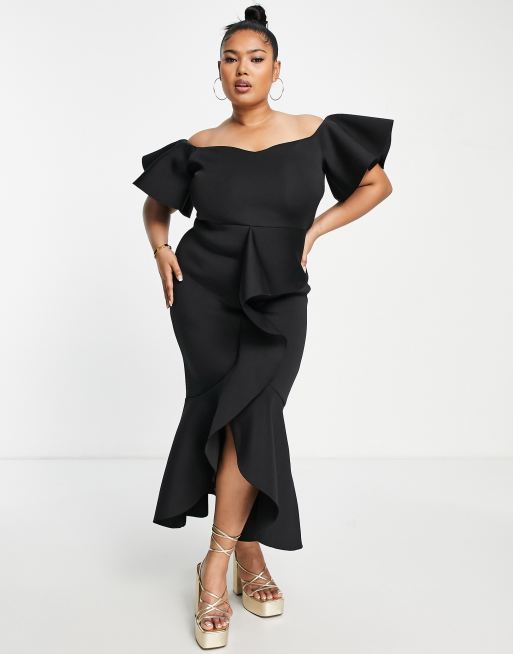 True Violet Plus – Midi-Bleistiftkleid in Schwarz mit gerüschter Vorderseite
