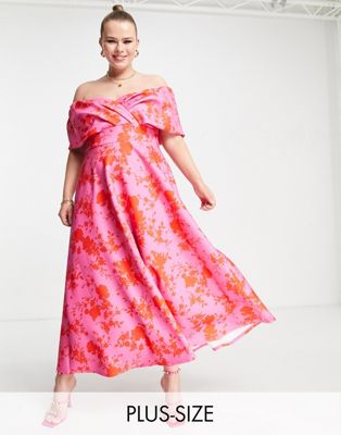 True Violet Plus off the shoulder prom midi dress in pink and red floral